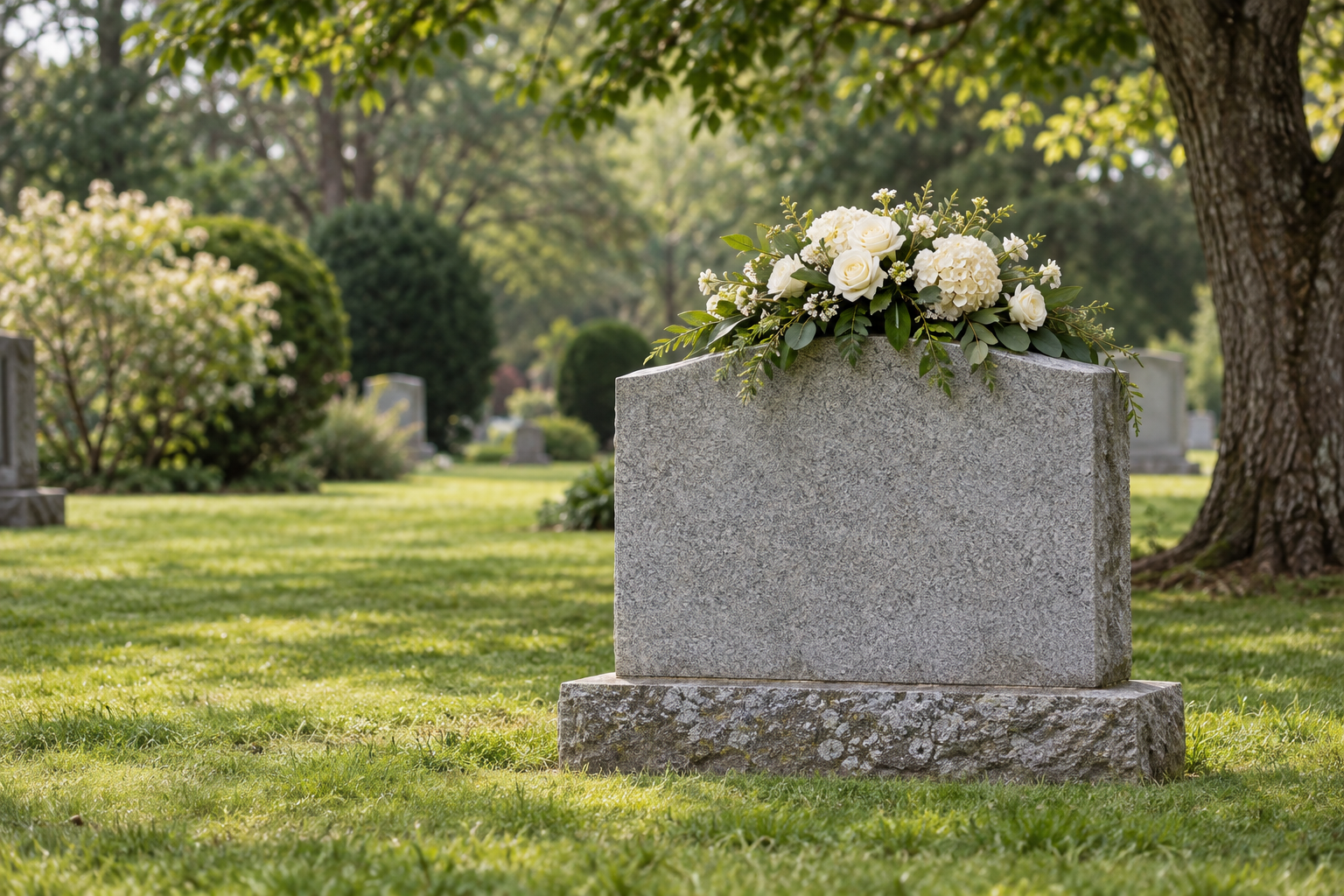 Fictional upright memorial with a single floral tribute